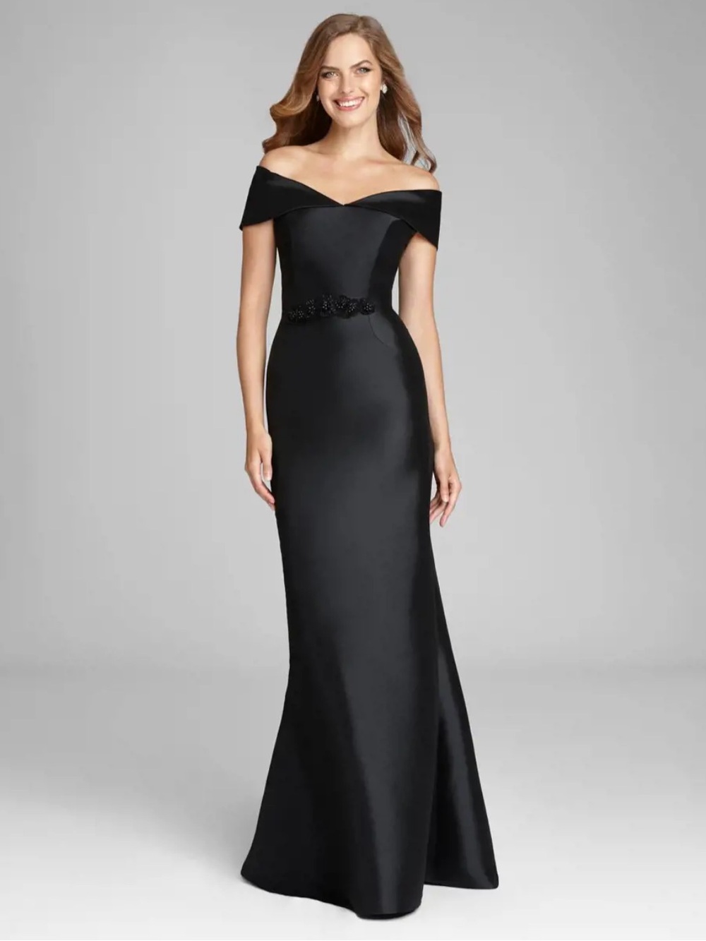 Rickie Freeman Teri Jon Black Portrait Off Shoulder Gown Beaded Belt Size 6